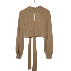 SHEIN Tan Ribbed Knit Key Hole Mock Neck Long Sleeve Crop Top Small